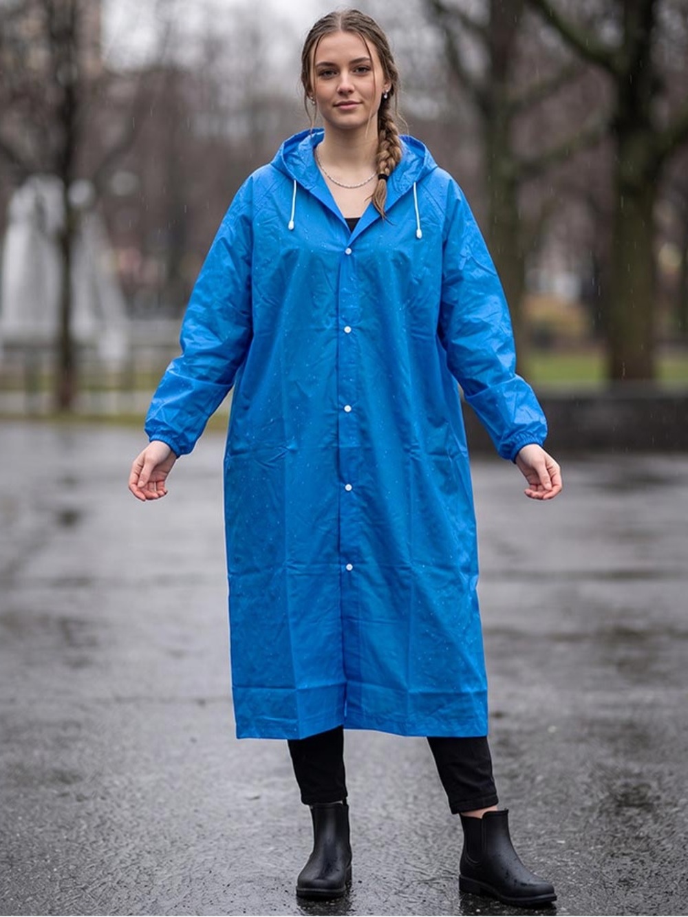 Blue Hooded Raincoat Long Women's Coat